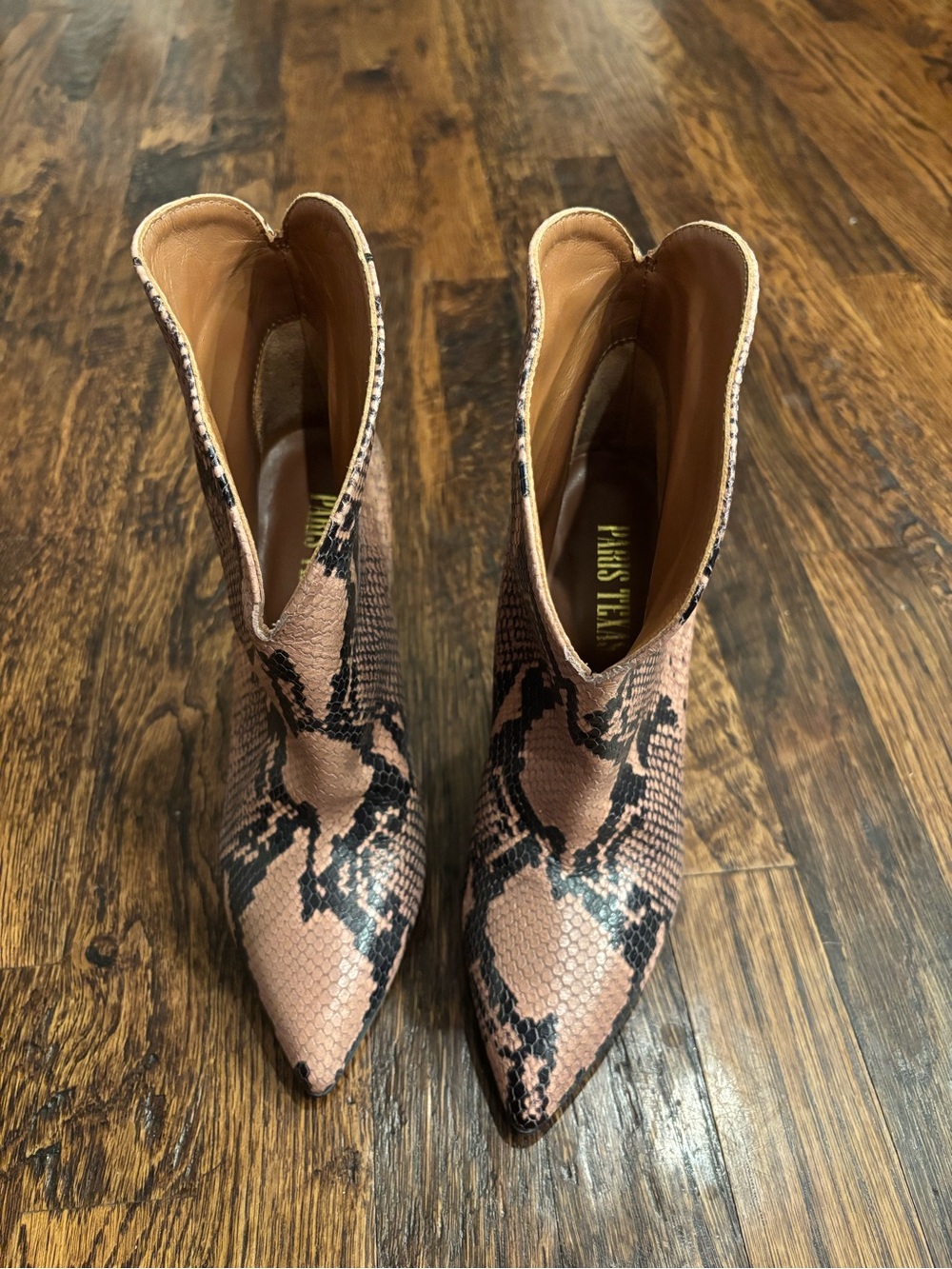 Paris Texas Pink & Black Snake-Print Pointed Toe Ankle Boots